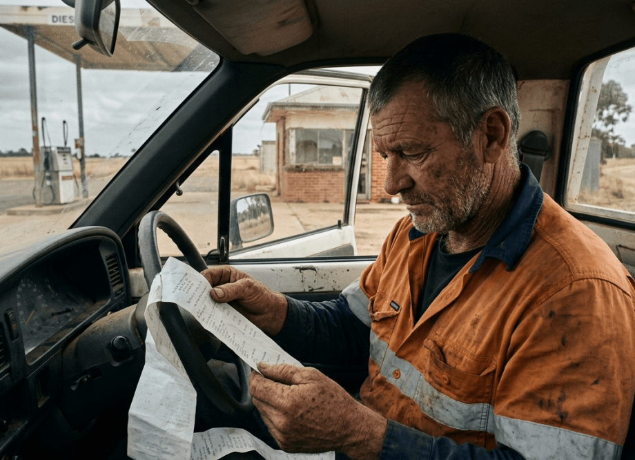 A weathered man in a high-visibility orange work shirt sits in the cab of an old ute at a sparse rural petrol station, looking down at a long paper receipt in both hands. A diesel bowser and a brick servo building are visible through the windscreen. The landscape beyond is flat, dry and overcast.
