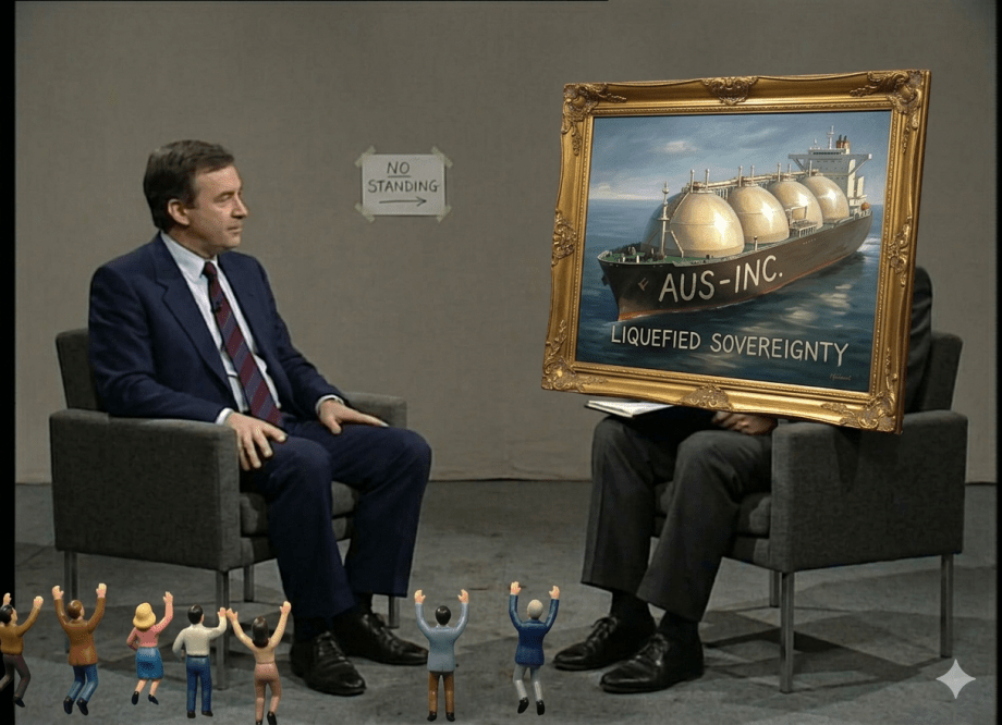 A Clarke and Dawe style television interview set. A suited interviewer sits in a grey armchair facing a second chair occupied by a figure whose head has been replaced by a framed oil painting of an LNG tanker labelled AUS-INC. and LIQUEFIED SOVEREIGNTY. Small plastic figurines of cheering people stand at the bottom of the frame.