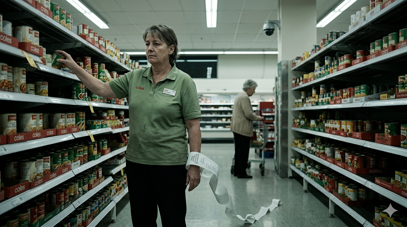 A long paper receipt curls across a dark wooden surface in the foreground, printed with the words Diesel, Data Bundle and Gas Royalties. Behind it, a composite background blurs together a supermarket aisle, a classroom and a fuel bowser.