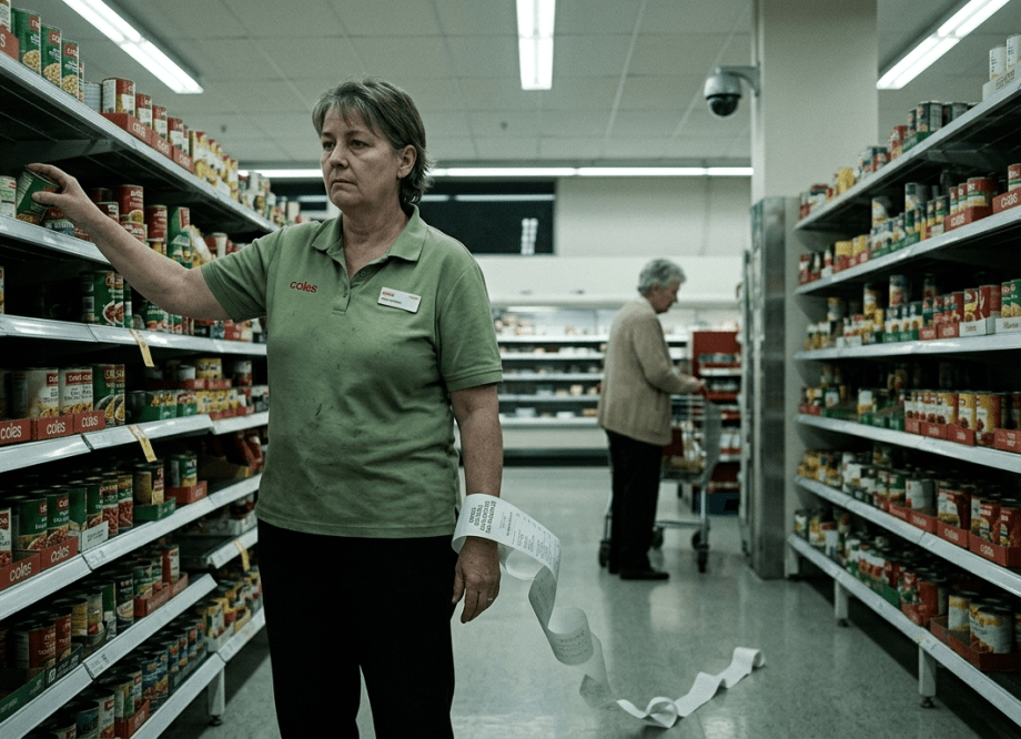 A long paper receipt curls across a dark wooden surface in the foreground, printed with the words Diesel, Data Bundle and Gas Royalties. Behind it, a composite background blurs together a supermarket aisle, a classroom and a fuel bowser.