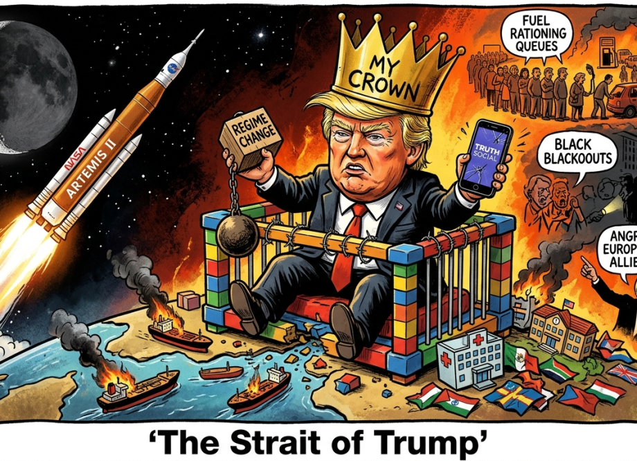 Satirical cartoon of Trump as a toddler smashing the Strait of Hormuz amid Artemis moon launch and energy crisis.