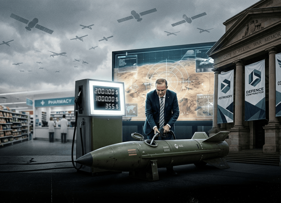 A petrol bowser shaped like a missile being filled by a suited politician, with war imagery and satellite surveillance in the background