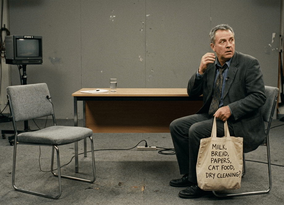 Sparse television interview set in the style of Clarke and Dawe: interviewer at desk, suited figure rising to leave, clutching a shopping bag labelled ALBO, Pine Gap radomes faintly visible through studio window behind him.