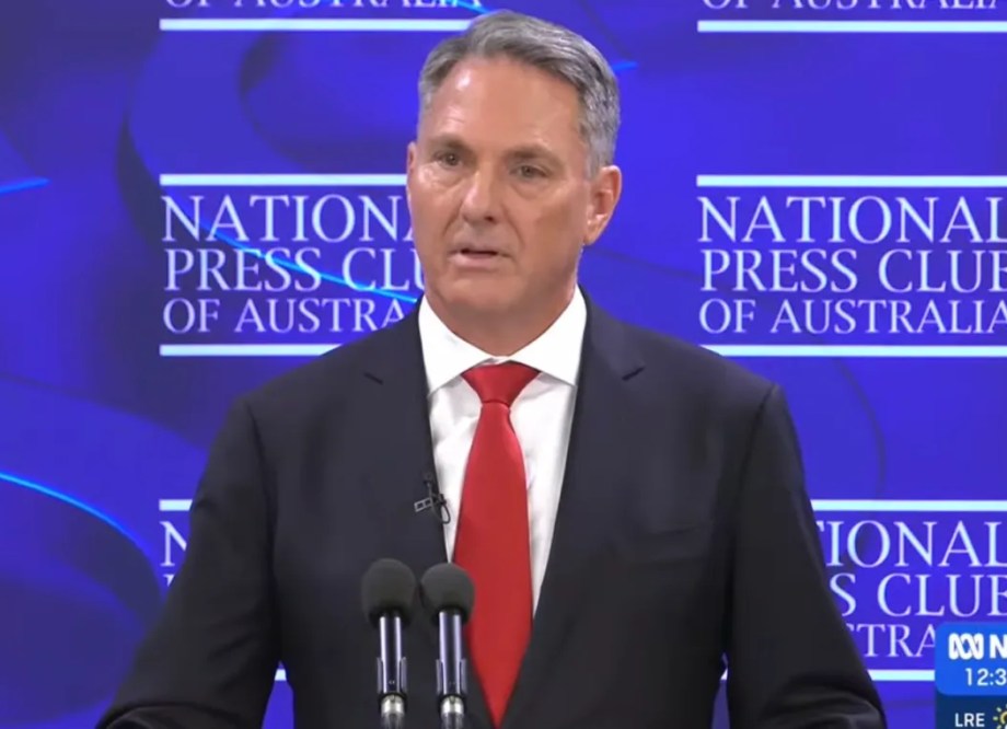 Richard Marles, Deputy Prime Minister and Minister for Defence, at a press conference projecting institutional confidence while Australia’s defence procurement record, AUKUS submarine delays, the Washington happenstance encounter, and the Geelong refinery fire suggest a more complicated story