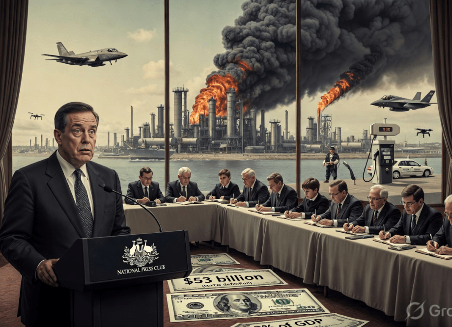Defence Minister Richard Marles at National Press Club podium announcing record defence spending as Geelong oil refinery burns in background during Australian fuel crisis 2026