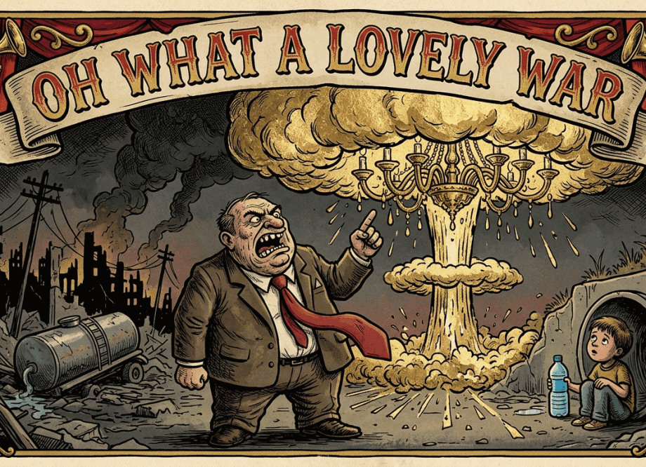 A darkly comic music-hall illustration showing an oversized grotesque figure in a business suit pointing at a gilded mushroom cloud chandelier, while in the background a bombed city silhouette looms and a child holds an almost-empty water bottle beside a drainage culvert.