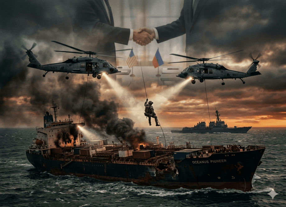 US Marines rappel onto the Iranian-flagged cargo ship Touska in the Gulf of Oman as smoke rises from the disabled vessel, April 2026