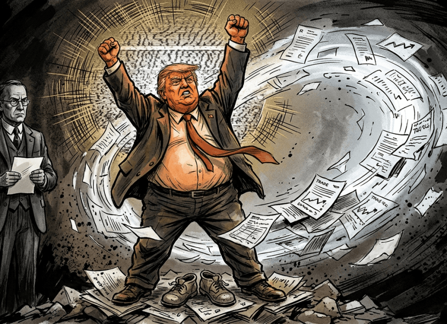 Editorial illustration in the style of George Grosz and Honoré Daumier: A bloated, orange-toned figure in a suit stands center frame with arms raised in a 'V,' surrounded by a spiraling vortex of FBI files and court documents. Dusty child’s shoes lie at his feet, while a shadowed congressman observes from the side against a background of television static