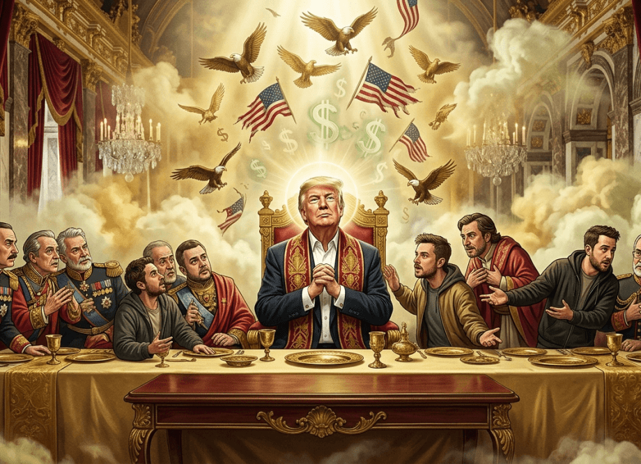 A baroque, maximalist digital composite in the style of a satirical political cartoon meets high-church iconography. Donald Trump sits enthroned at the head of a long gilded mahogany table, rendered in soft AI halo-light — the kind of beatific glow normally reserved for Renaissance altarpieces. He wears both a business suit and a suggestion of papal vestments, loosely layered. Around him, courtiers in military medals and tech-bro stubble genuflect, arms outstretched. Eagles, American flags, and a faint suggestion of dollar signs float among the golden light. The composition deliberately mimics Last Supper staging. Background hints at a gilded ballroom-temple with crystal chandeliers. Colour palette: deep crimson, imperial gold, and sickly angelic white. The mood is equal parts reverent and grotesque — Rubens meets Mad magazine. No text overlay.