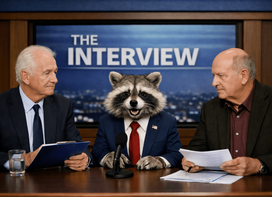Raccoon in a suit sitting between two men at an interview table with a microphone