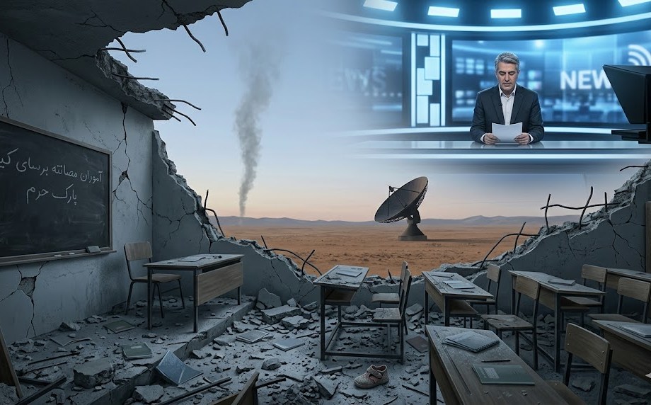 Editorial illustration showing a destroyed classroom in the foreground open to the sky, a satellite dish in a red desert in the midground, and a television news anchor calmly broadcasting in the background, representing the gap between Australian media coverage and the reality of the Iran war.