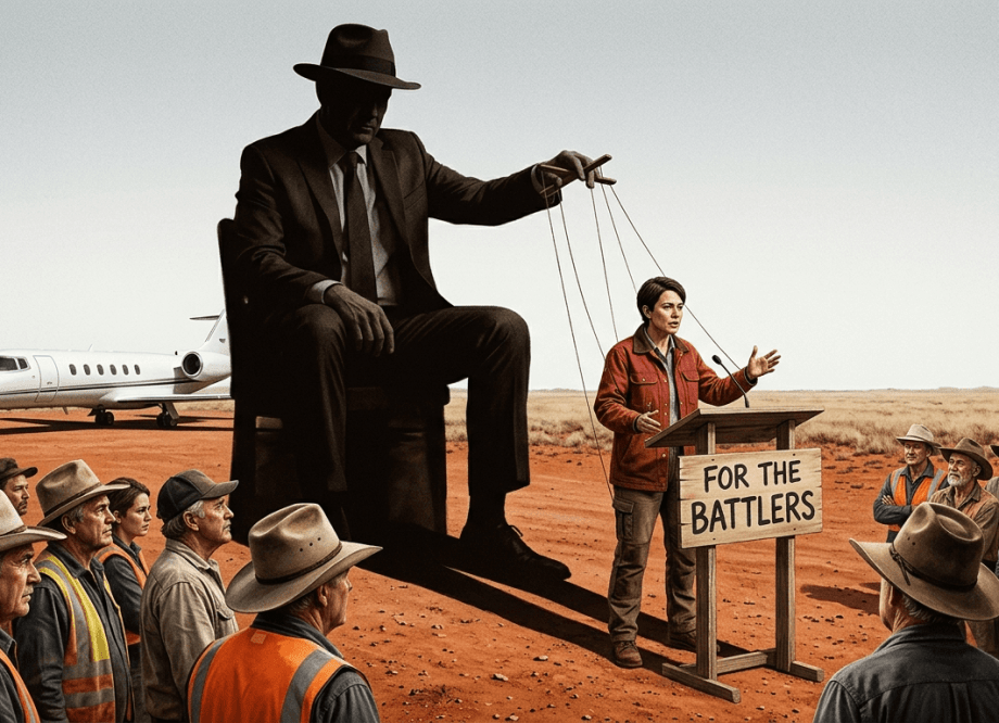 Satirical editorial illustration showing a politician speaking at an outback podium labelled "For the Battlers" while a giant billionaire figure in shadow pulls puppet strings from behind. A private jet sits in the red dirt.
