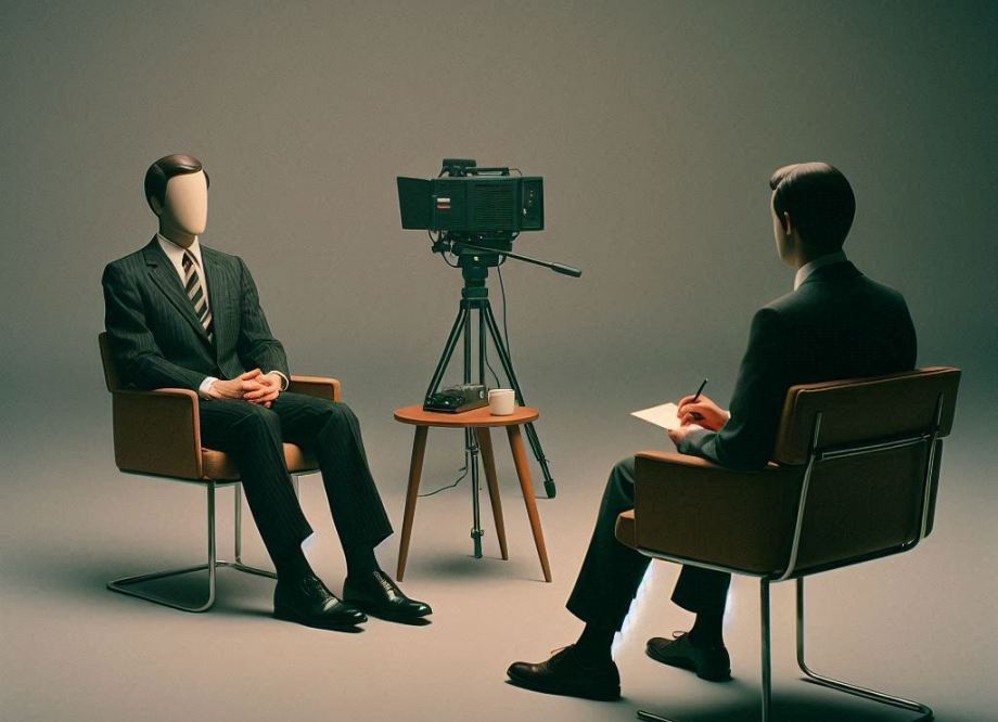 Two figures in a sparse television studio: one in a dark suit, comfortable and evasive; the other with a notepad, politely relentless.