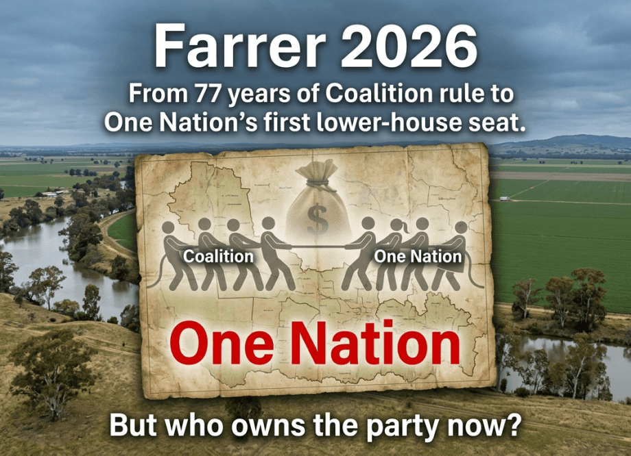 A political campaign graphic for the Division of Farrer in 2026. The background shows an aerial view of the Murray River and agricultural plains. Centered is a parchment-style map overlay depicting a tug-of-war between "Coalition" and "One Nation" figures over a large money bag. The text reads: "Farrer 2026: From 77 years of Coalition rule to One Nation’s first lower-house seat. But who owns the party now?"