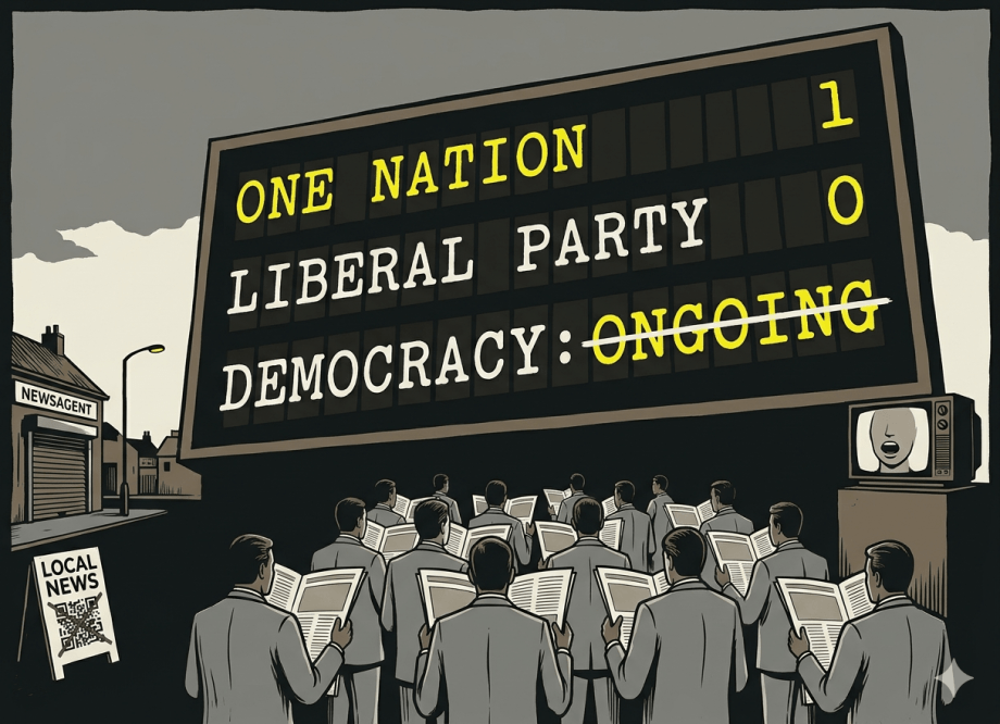 A darkly comic editorial illustration showing a scoreboard reading ONE NATION 1, LIBERAL PARTY 0, DEMOCRACY: ONGOING, with the word ONGOING struck through. Below, grey-suited figures hold blank newspapers before a shuttered regional newsagent and a featureless television broadcaster.
