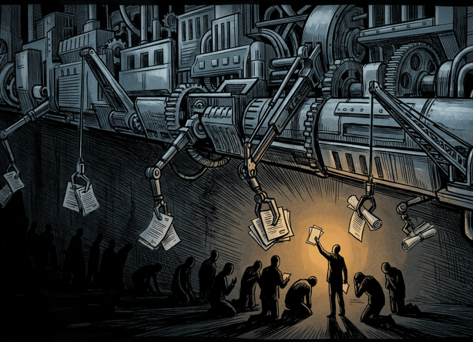A dark expressionist illustration of a vast bureaucratic machine extending mechanical arms bearing legal documents toward silhouetted human figures below, representing Australia's legal apparatus used against whistleblowers and independent journalists.