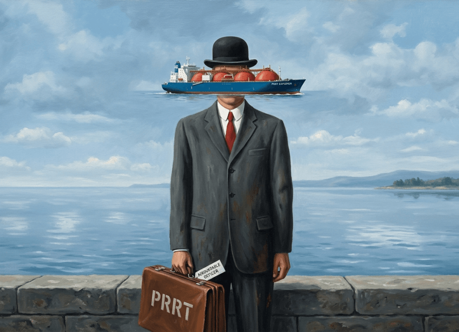 A surrealist oil painting in the style of René Magritte's The Son of Man. A bowler-hatted figure in a grey suit stands against a blue sky with clouds. Where the face should be, a large LNG carrier floats in its place, serene and enormous. The figure holds a briefcase stencilled with the letters PRRT.