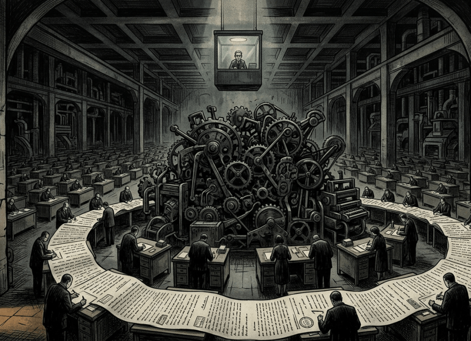 A dark expressionist illustration of a vast self-operating bureaucratic machine surrounded by anonymous figures each signing a single page of an enormous document, representing the architecture of deniability that is dismantling Australian journalism — no single hand responsible for the whole.