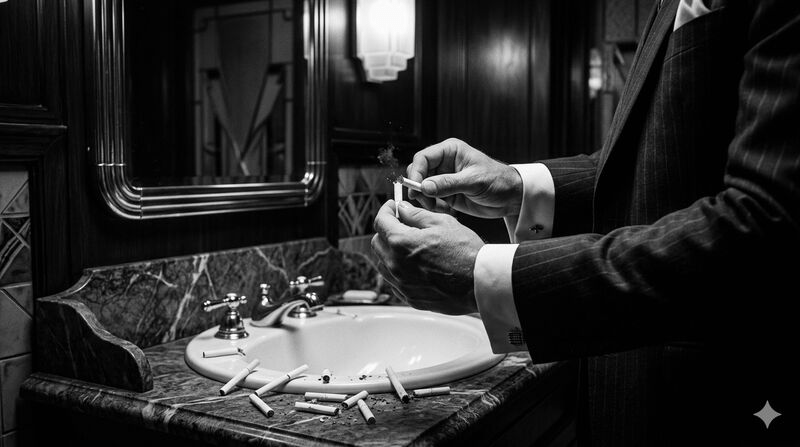 A man's hands in a 1930s suit snap a cigarette over a marble
sink, broken cigarettes scattered like bones on white porcelain.