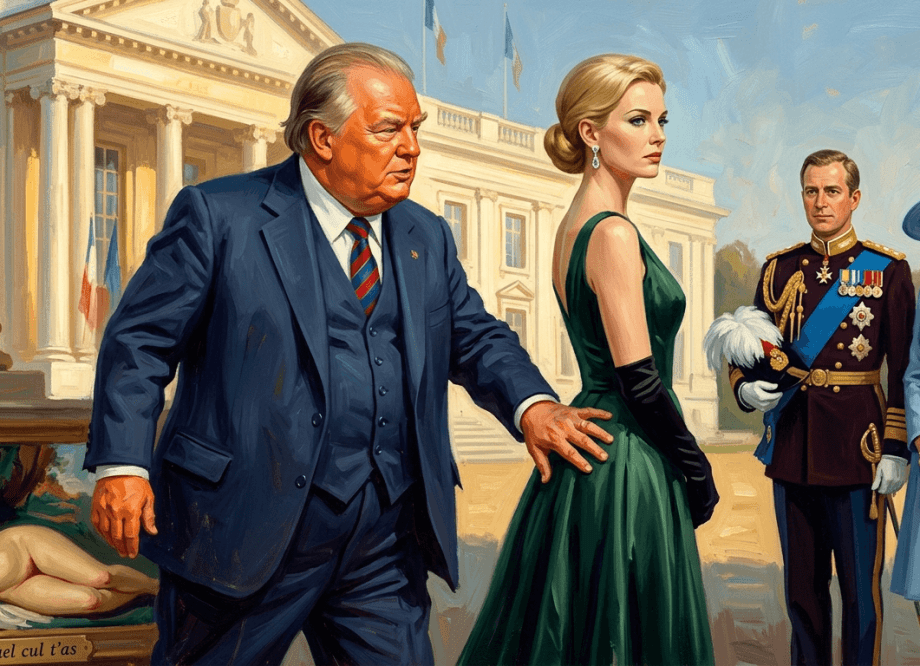 Donald Trump, Melania Trump, King Charles, Camilla, Kenneth Tynan, Oh Calcutta, gender politics, sexual politics, proprietary gesture, White House, body language, feminism, reproductive rights, gender pay gap, 1950s revival, political theatre, royal visit, Clovis Trouille, surrealism, political satire, performative masculinity, Urban Wronski