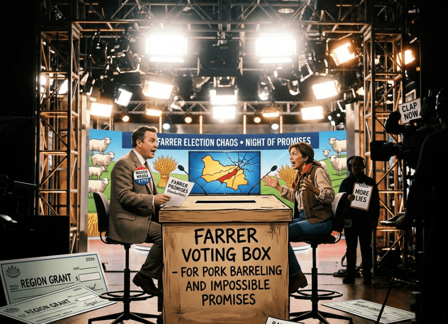 Satirical Farrer election scene with oversized ballot box