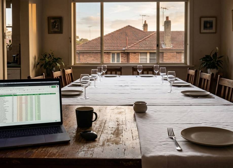 A Housing Commission kitchen table with black rosary beads, a window behind showing two worlds: a modest 1960s Sydney housing estate on one side and a clifftop home with ocean views on the other.
