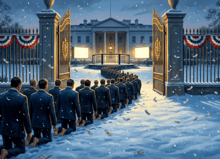 Satirical illustration of men in business suits kneeling barefoot in snow before golden gates, with the White House and a brightly lit cage-fighting octagon visible on the lawn beyond, bunting on the fence and banknotes drifting down like snowflakes.