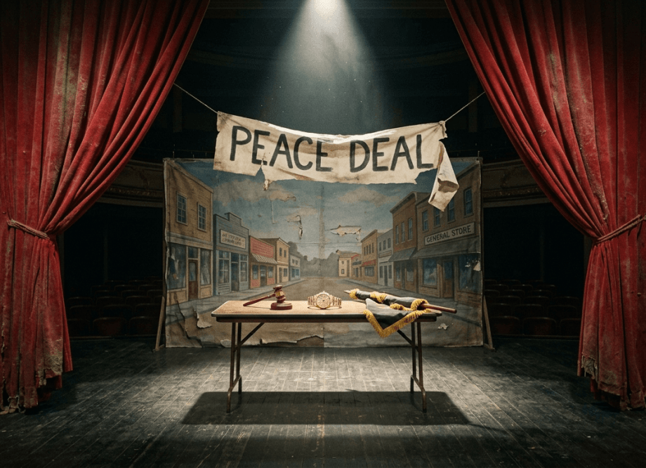 Empty spotlit stage with a card table holding a gavel, a gold watch and a furled flag beneath a torn banner reading "PEACE DEAL".