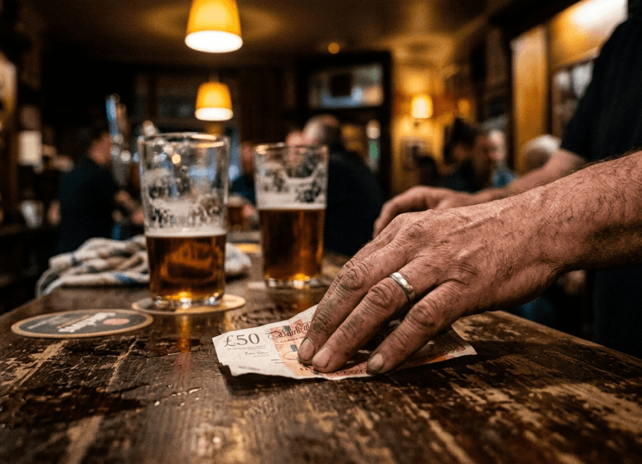 A hand passing a folded banknote across a dimly lit pub bar, two beer glasses blurred in the background.