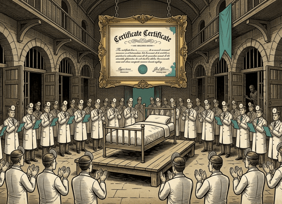 Engraving-style illustration of an empty Bedlam-era asylum gallery with a crowd of identical white-coated doctors applauding around a single hospital bed beneath a giant certificate.