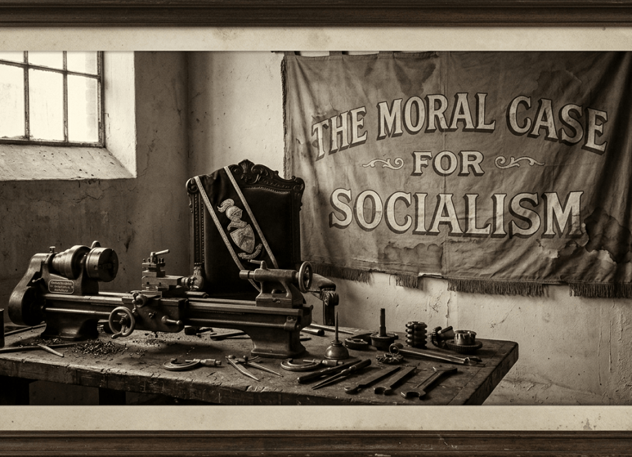 A Victorian workshop scene with machinist’s tools on a worn bench, an empty ceremonial chair bearing a knight’s sash, and a faded Labour banner reading “The Moral Case For Socialism” on the wall behind.