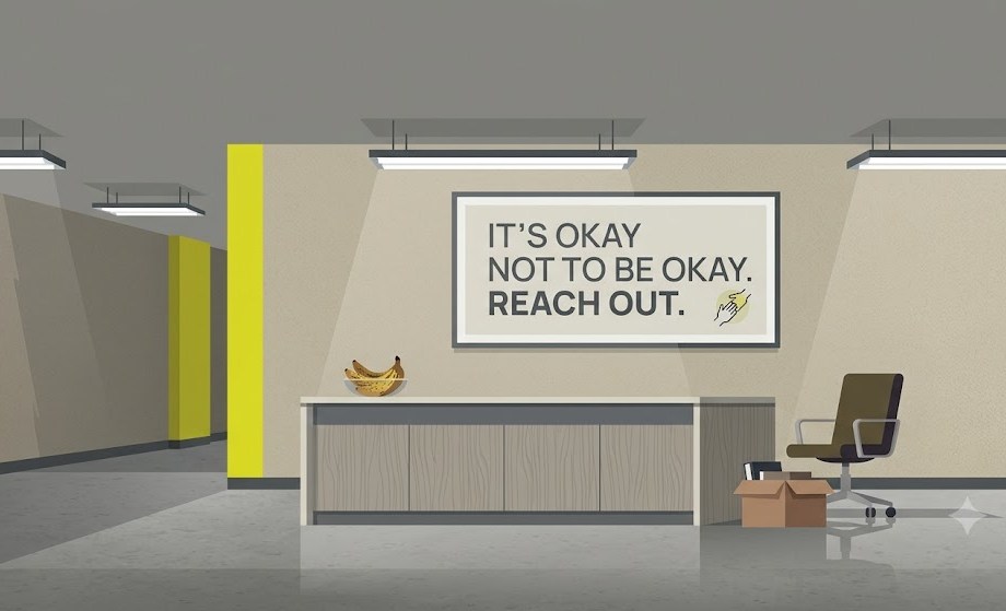 Editorial illustration of an empty corporate foyer. A wall poster reads "It's okay not to be okay. Reach out." Below it sit a bowl of browning bananas, an empty chair and a cardboard box of belongings.