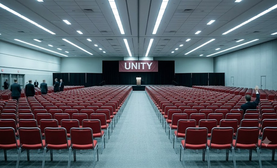 A cavernous, near-empty political conference hall with rows of red seats and a lectern beneath a banner reading "Unity"; a single anonymous raised hand at the back of the room.