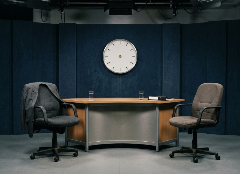 An empty television interview studio. Two chairs face each other across a low desk with two untouched glasses of water. A grey suit jacket hangs on the back of one chair. On the wall behind them is an office clock with its hands removed.