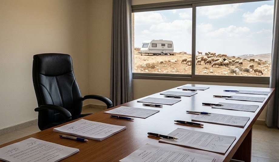 An empty black office chair at the head of a long conference table set with signed documents and pens. Through the window, a lone caravan and a flock of sheep stand on a dry West Bank hilltop.