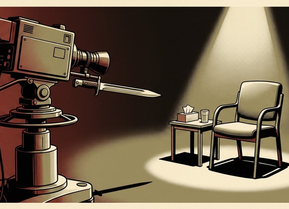 A vintage television studio camera with a bayonet fixed beneath its lens, aimed at an empty chair under a spotlight beside a small table holding a box of tissues and a glass of water, in the style of a 1914 propaganda poster.