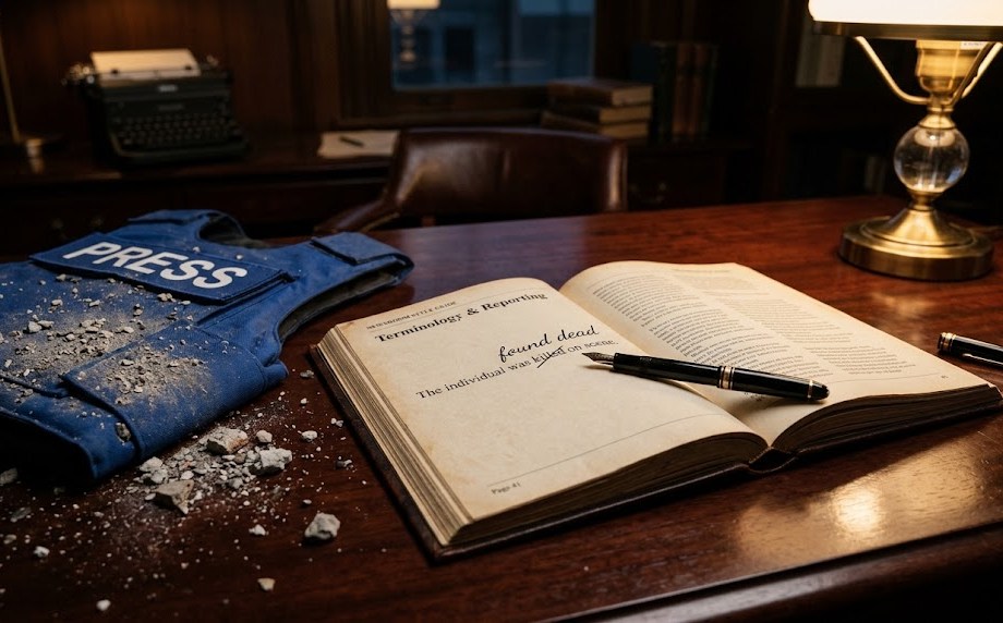 A newsroom style guide open on a mahogany desk, the word “killed” struck through and “found dead” written above it in ink, beside a dust-covered blue press vest.