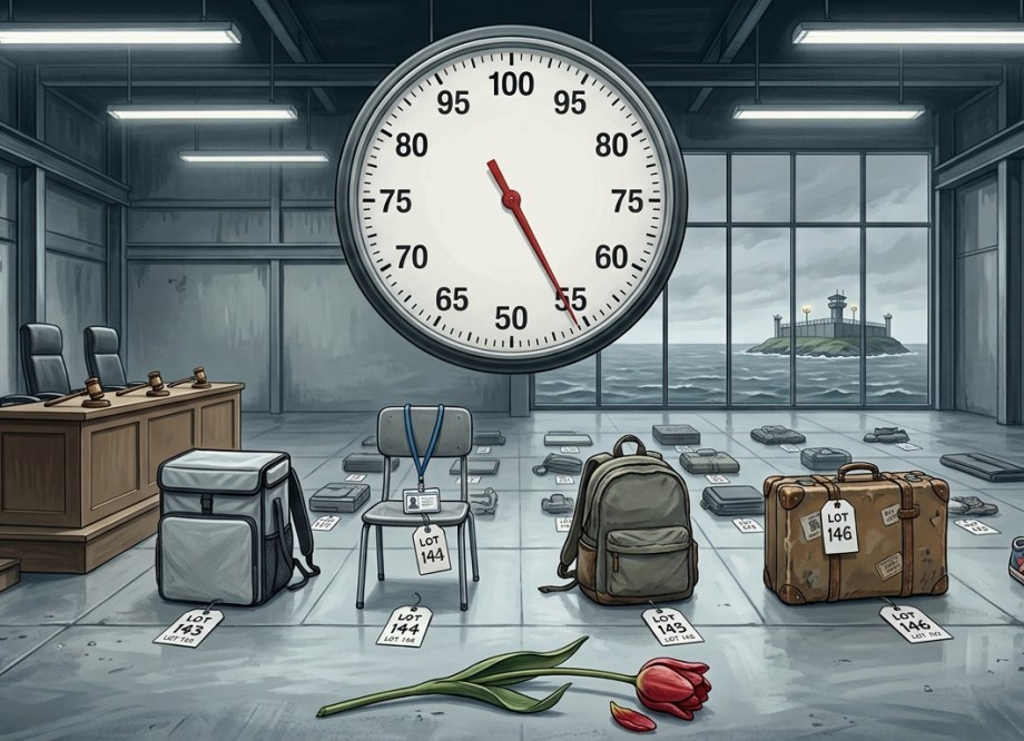 A bleak industrial auction hall. A huge auction clock with a red hand counts down above an empty podium with three chairs and three gavels. On the floor below, tagged as auction lots: a food delivery backpack, a chair with a nurse's lanyard, a worn student backpack, a battered suitcase and a pair of small children's shoes. Through a tall window, a walled island compound with a watchtower sits in a grey sea. A wilting red tulip lies on the concrete in the foreground.