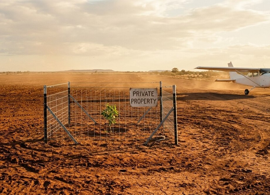 A lone green seedling fenced off with new wire in a ploughed red-earth paddock at sunset, with a small single-propeller plane parked on a dirt airstrip behind it and a Private Property sign on the fence.